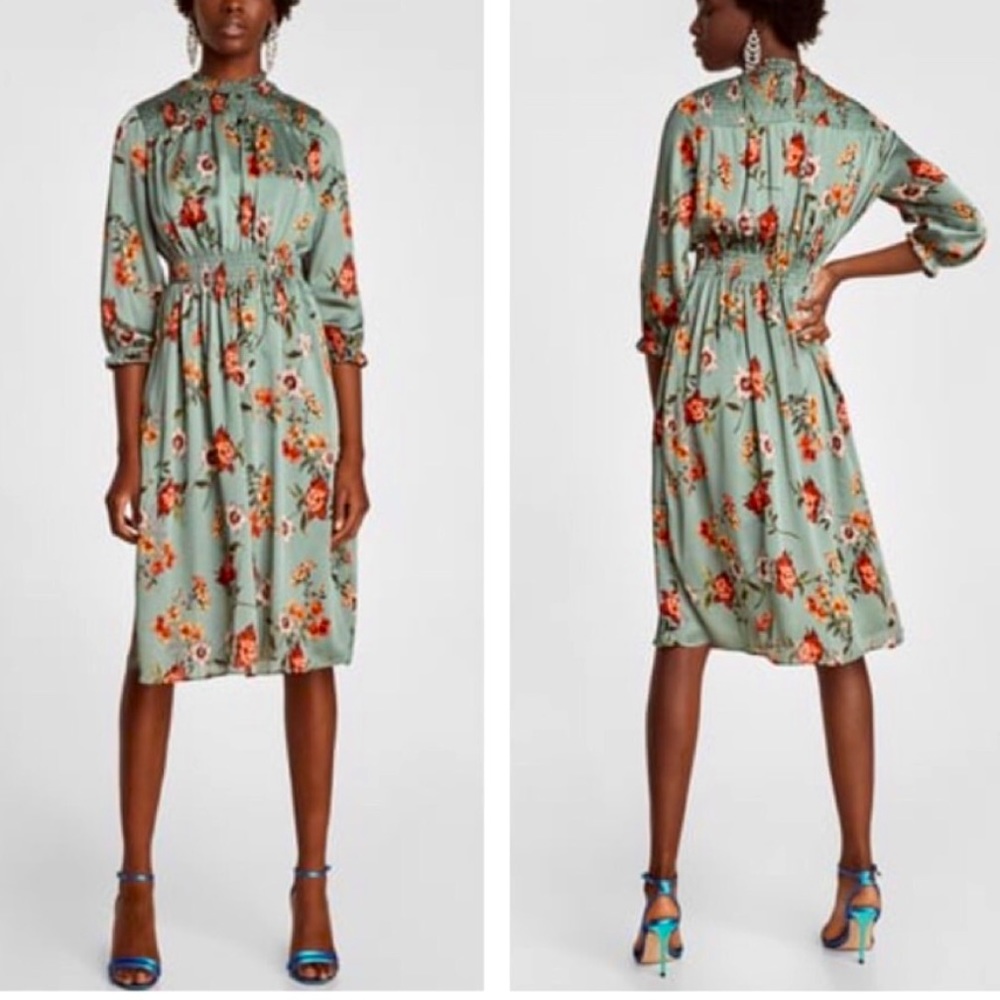 Zara green floral midi dress with elastic waist